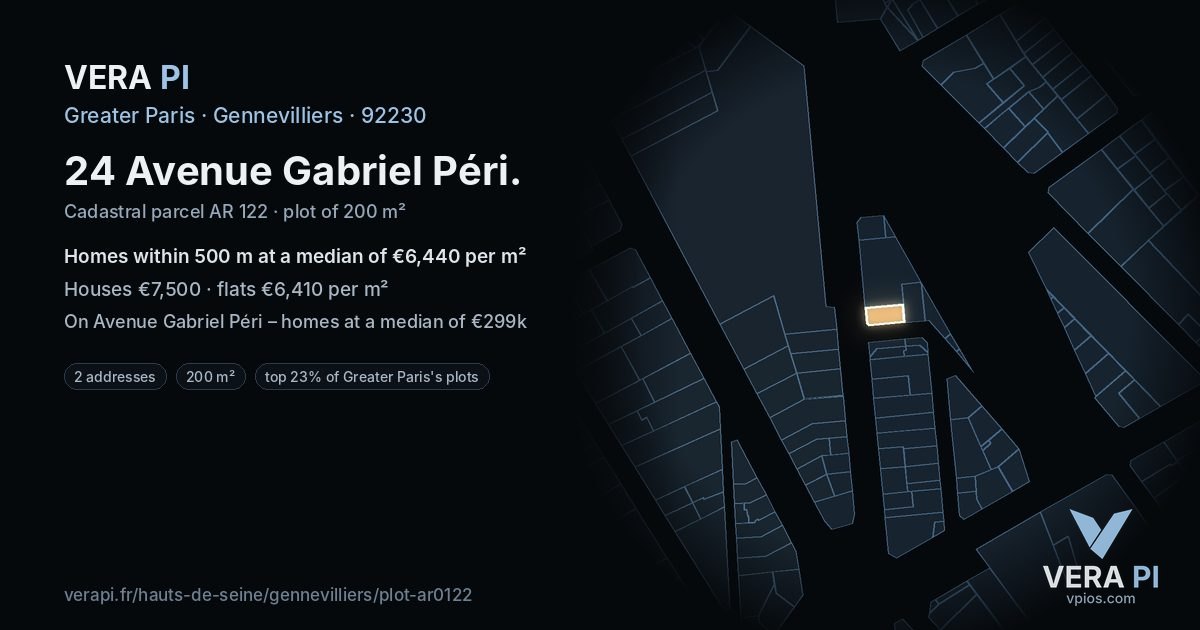 24 Avenue Gabriel Péri, Gennevilliers at night – the plot lit, the parcels around coloured by the prices near them