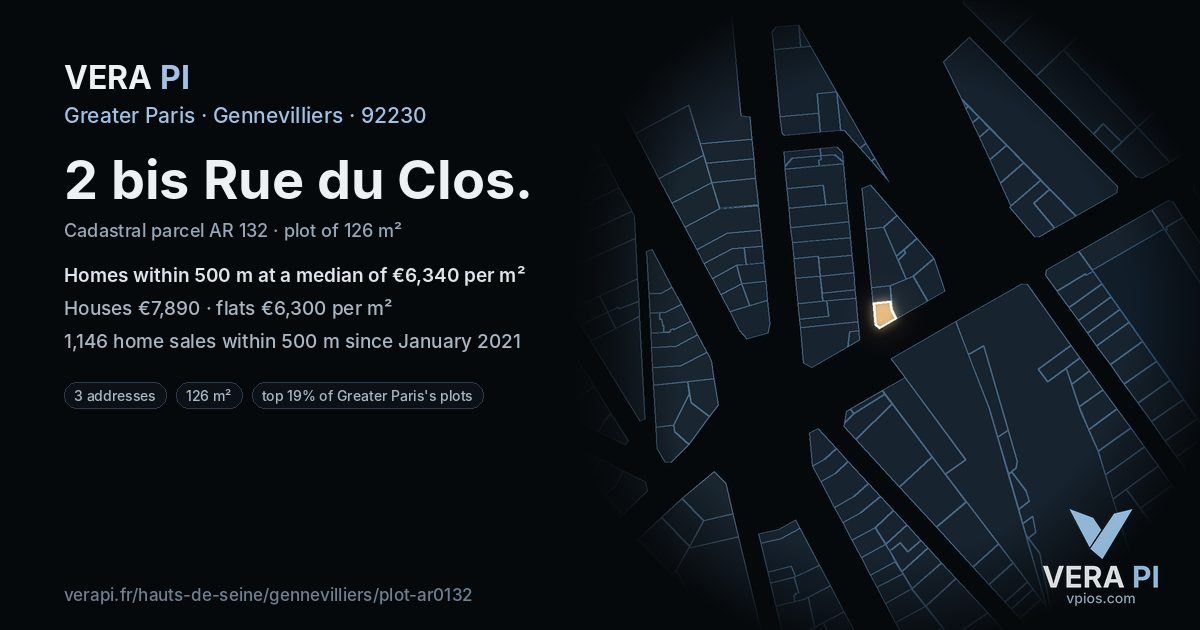 2 bis Rue du Clos, Gennevilliers at night – the plot lit, the parcels around coloured by the prices near them