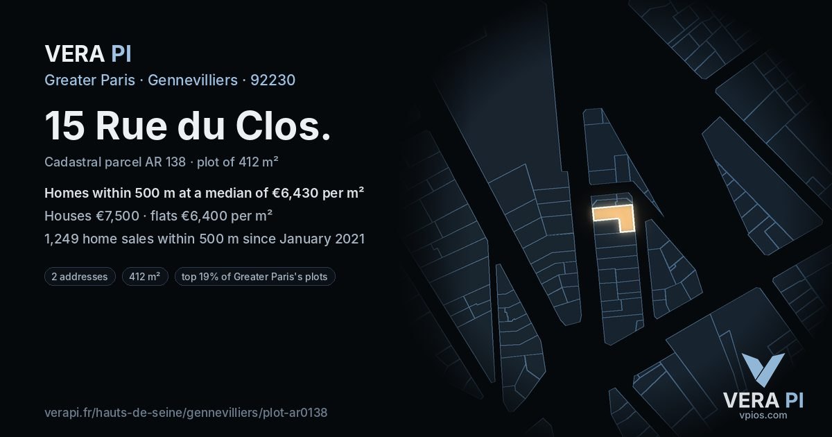 15 Rue du Clos, Gennevilliers at night – the plot lit, the parcels around coloured by the prices near them
