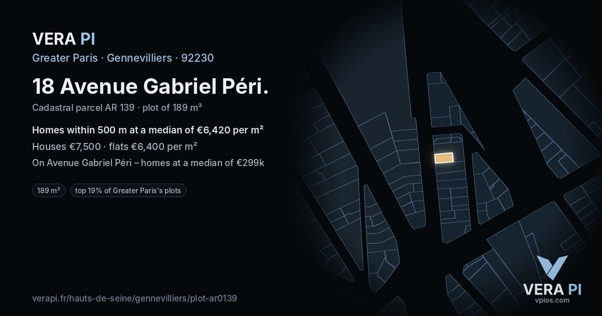 18 Avenue Gabriel Péri, Gennevilliers at night – the plot lit, the parcels around coloured by the prices near them