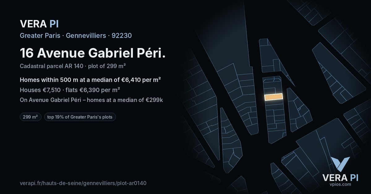 16 Avenue Gabriel Péri, Gennevilliers at night – the plot lit, the parcels around coloured by the prices near them