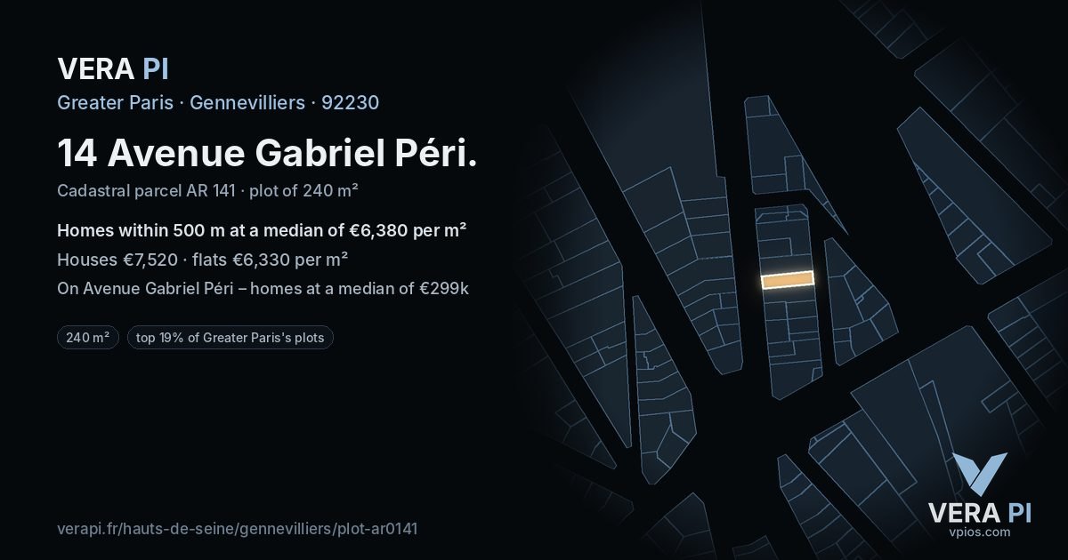 14 Avenue Gabriel Péri, Gennevilliers at night – the plot lit, the parcels around coloured by the prices near them