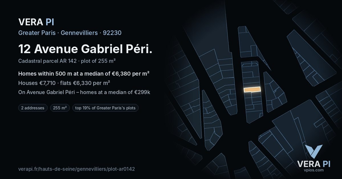 12 Avenue Gabriel Péri, Gennevilliers at night – the plot lit, the parcels around coloured by the prices near them