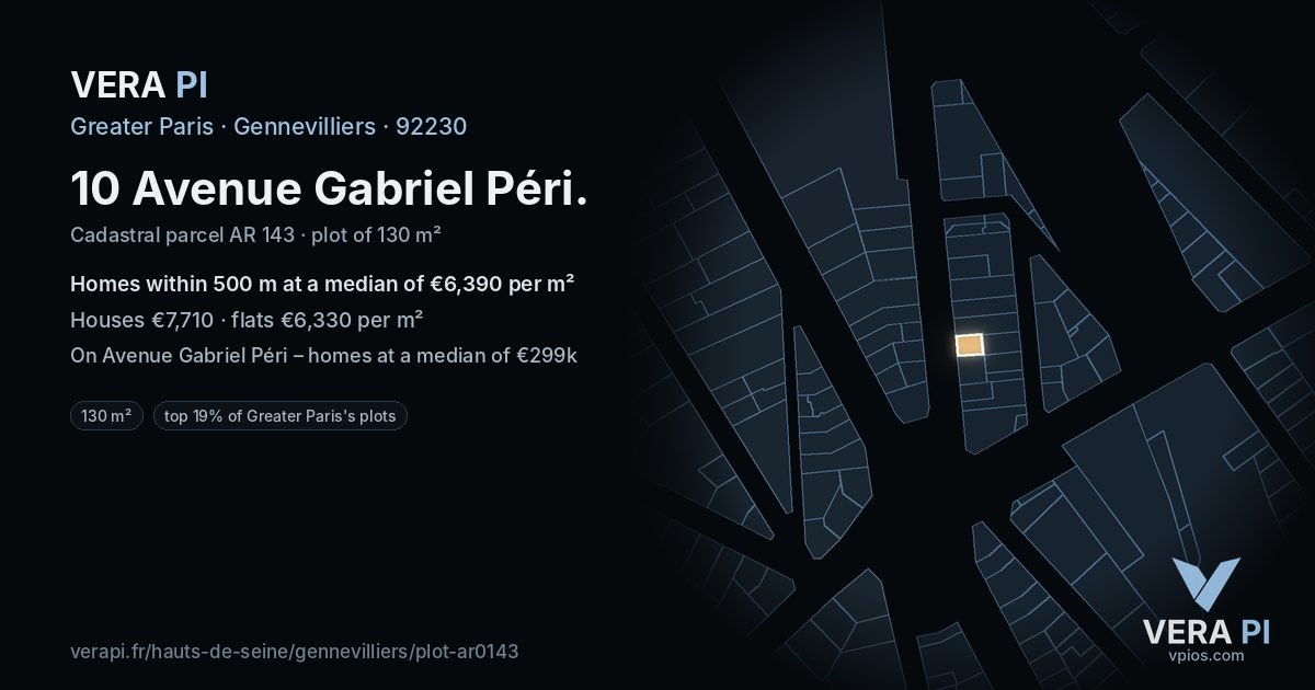 10 Avenue Gabriel Péri, Gennevilliers at night – the plot lit, the parcels around coloured by the prices near them