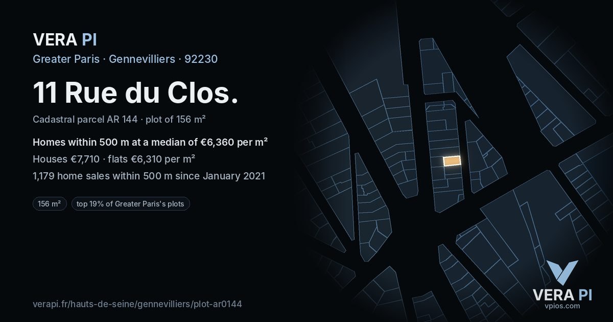 11 Rue du Clos, Gennevilliers at night – the plot lit, the parcels around coloured by the prices near them