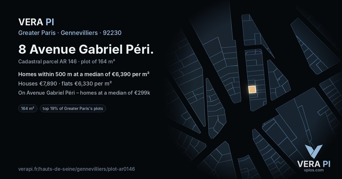 8 Avenue Gabriel Péri, Gennevilliers at night – the plot lit, the parcels around coloured by the prices near them
