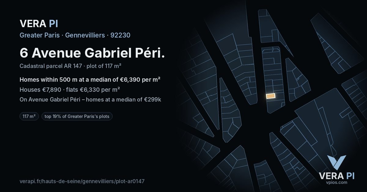 6 Avenue Gabriel Péri, Gennevilliers at night – the plot lit, the parcels around coloured by the prices near them