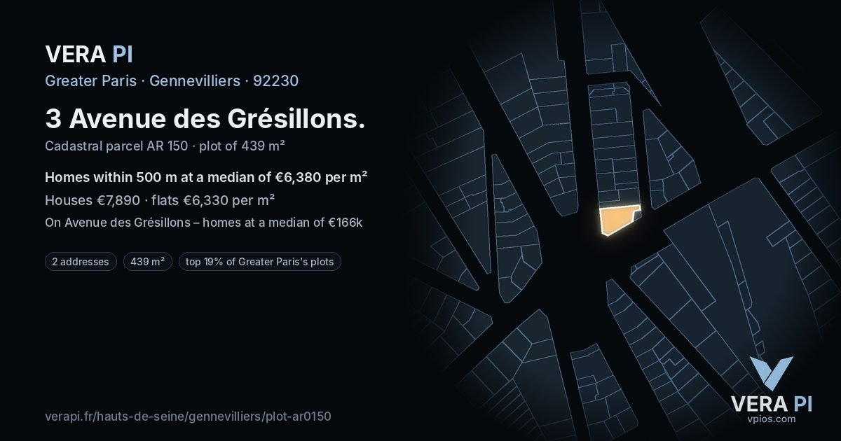 3 Avenue des Grésillons, Gennevilliers at night – the plot lit, the parcels around coloured by the prices near them