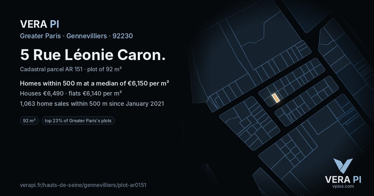 5 Rue Léonie Caron, Gennevilliers at night – the plot lit, the parcels around coloured by the prices near them