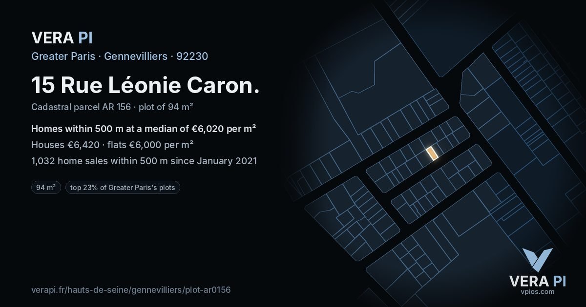 15 Rue Léonie Caron, Gennevilliers at night – the plot lit, the parcels around coloured by the prices near them