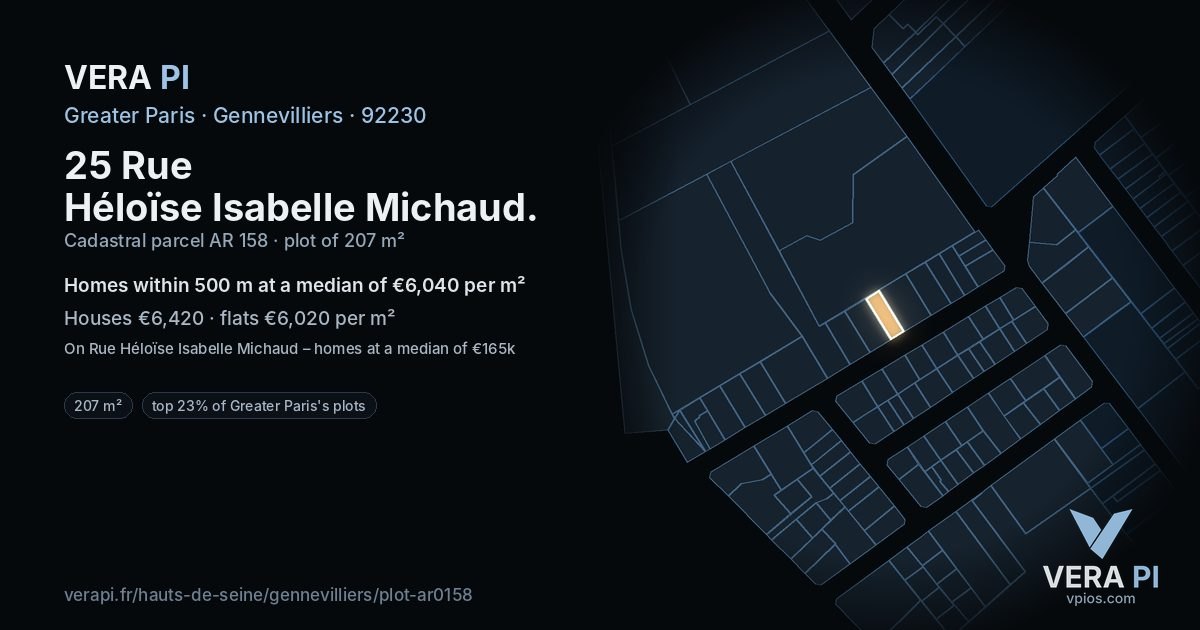 25 Rue Héloïse Isabelle Michaud, Gennevilliers at night – the plot lit, the parcels around coloured by the prices near them