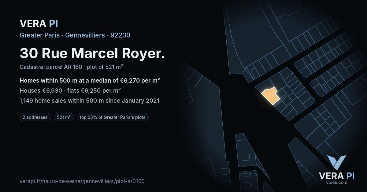 30 Rue Marcel Royer, Gennevilliers at night – the plot lit, the parcels around coloured by the prices near them
