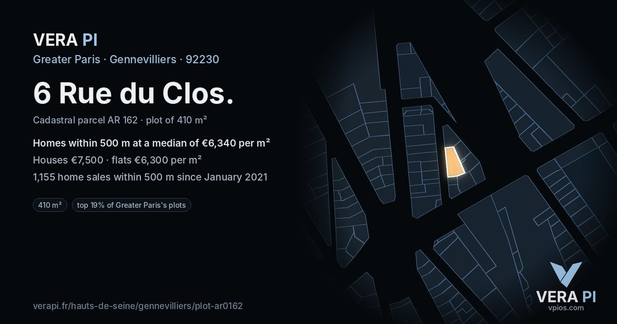 6 Rue du Clos, Gennevilliers at night – the plot lit, the parcels around coloured by the prices near them