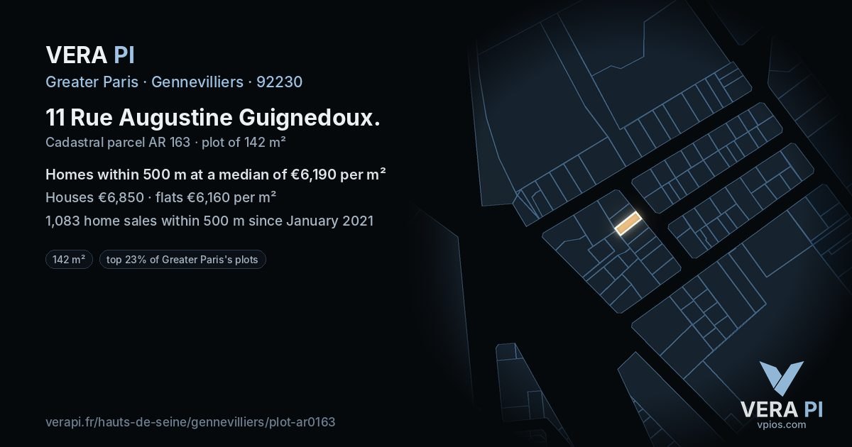 11 Rue Augustine Guignedoux, Gennevilliers at night – the plot lit, the parcels around coloured by the prices near them