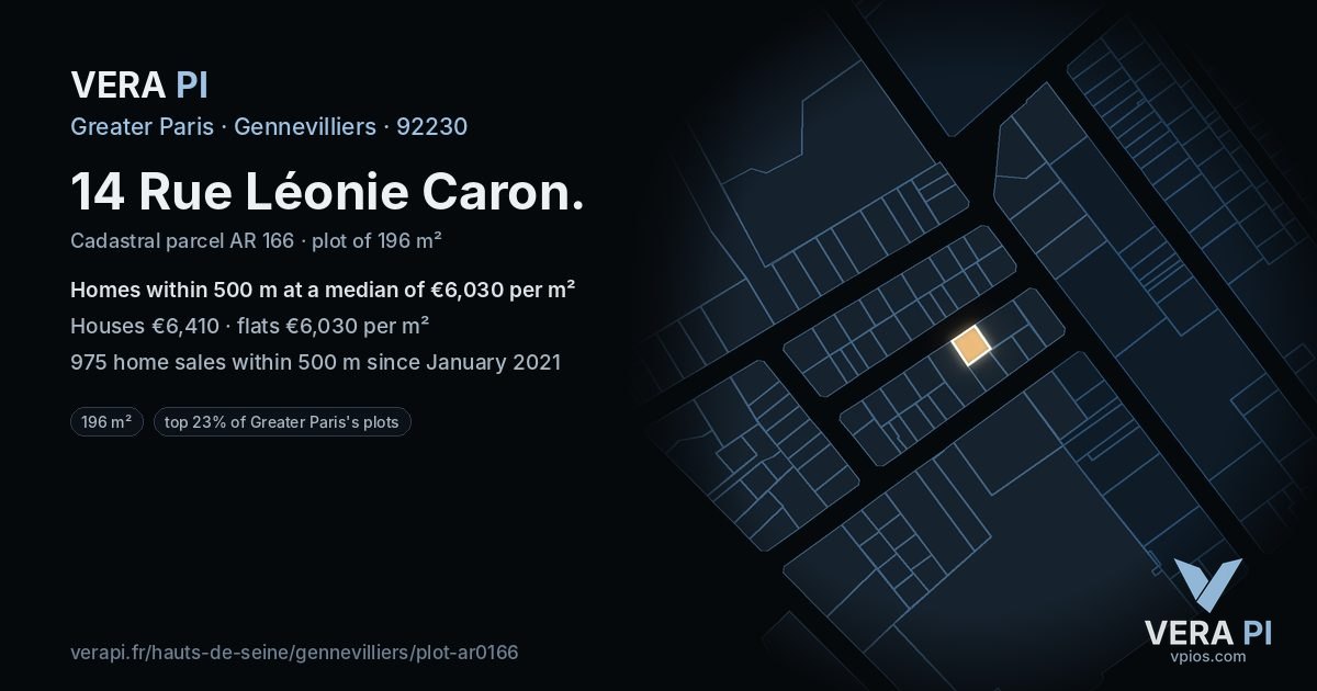 14 Rue Léonie Caron, Gennevilliers at night – the plot lit, the parcels around coloured by the prices near them