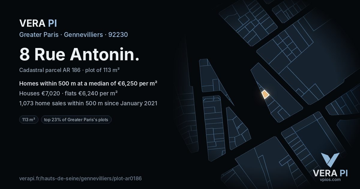 8 Rue Antonin, Gennevilliers at night – the plot lit, the parcels around coloured by the prices near them