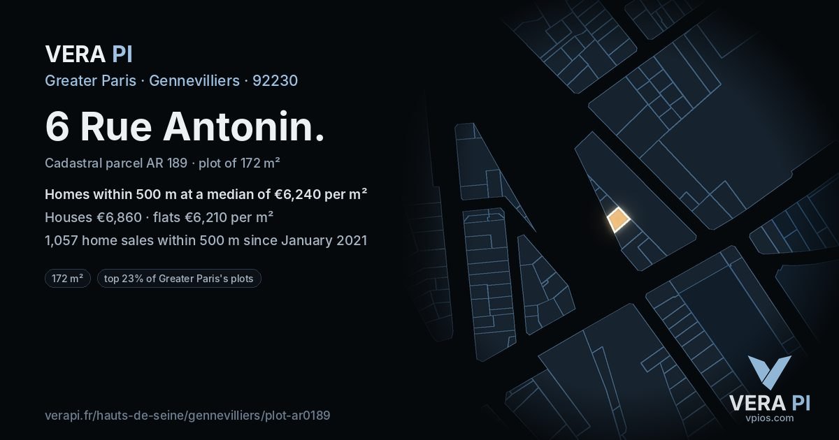 6 Rue Antonin, Gennevilliers at night – the plot lit, the parcels around coloured by the prices near them