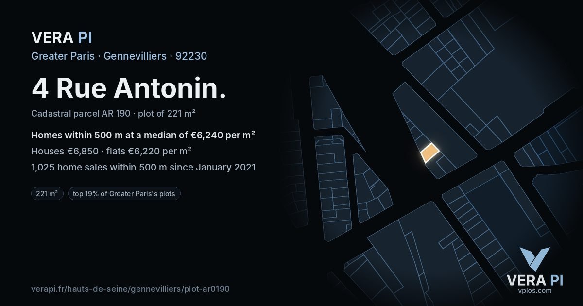 4 Rue Antonin, Gennevilliers at night – the plot lit, the parcels around coloured by the prices near them