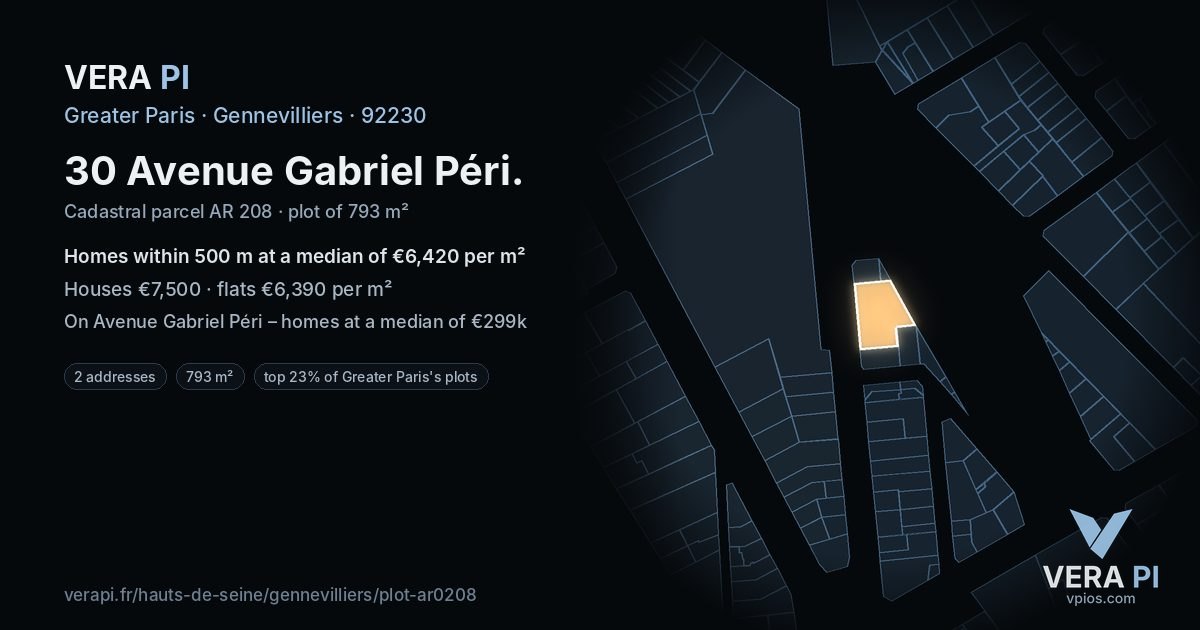 30 Avenue Gabriel Péri, Gennevilliers at night – the plot lit, the parcels around coloured by the prices near them