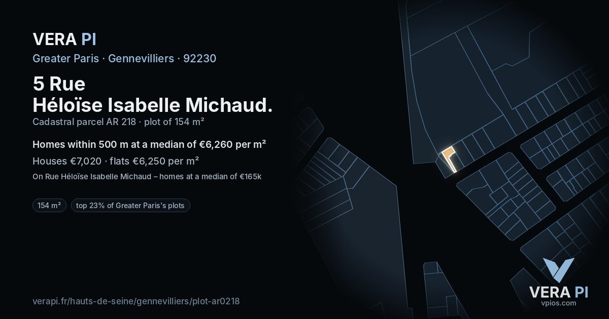 5 Rue Héloïse Isabelle Michaud, Gennevilliers at night – the plot lit, the parcels around coloured by the prices near them