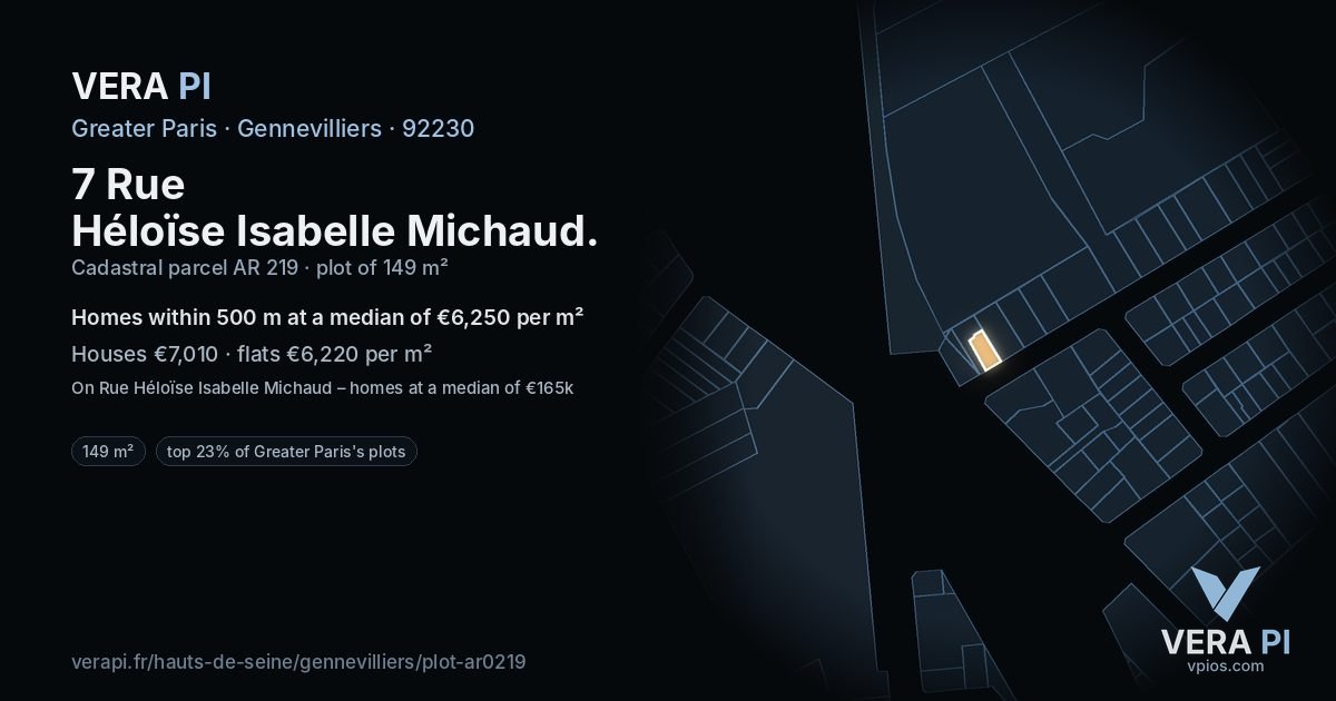 7 Rue Héloïse Isabelle Michaud, Gennevilliers at night – the plot lit, the parcels around coloured by the prices near them