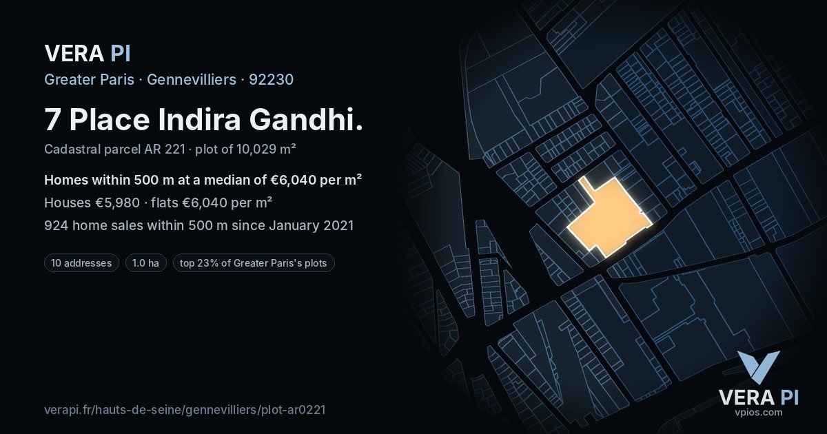 7 Place Indira Gandhi, Gennevilliers at night – the plot lit, the parcels around coloured by the prices near them