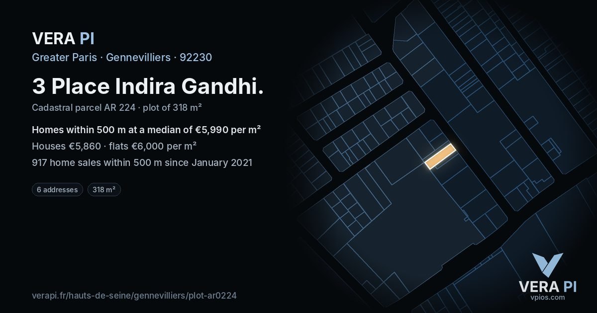 3 Place Indira Gandhi, Gennevilliers at night – the plot lit, the parcels around coloured by the prices near them