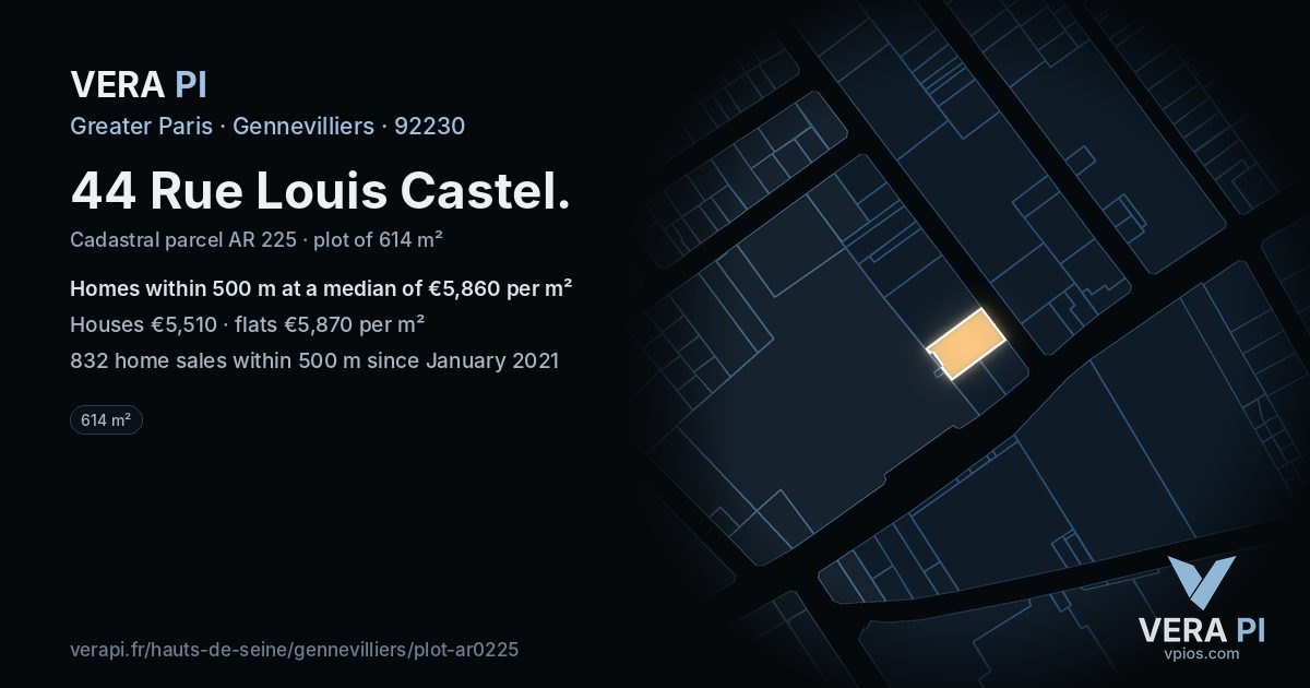 44 Rue Louis Castel, Gennevilliers at night – the plot lit, the parcels around coloured by the prices near them