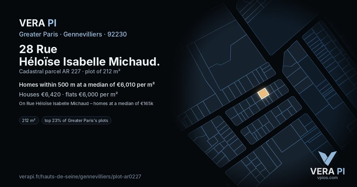 28 Rue Héloïse Isabelle Michaud, Gennevilliers at night – the plot lit, the parcels around coloured by the prices near them