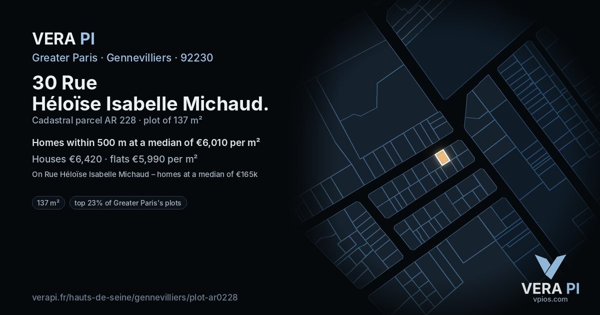 30 Rue Héloïse Isabelle Michaud, Gennevilliers at night – the plot lit, the parcels around coloured by the prices near them