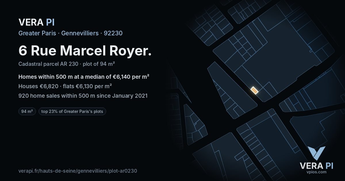 6 Rue Marcel Royer, Gennevilliers at night – the plot lit, the parcels around coloured by the prices near them