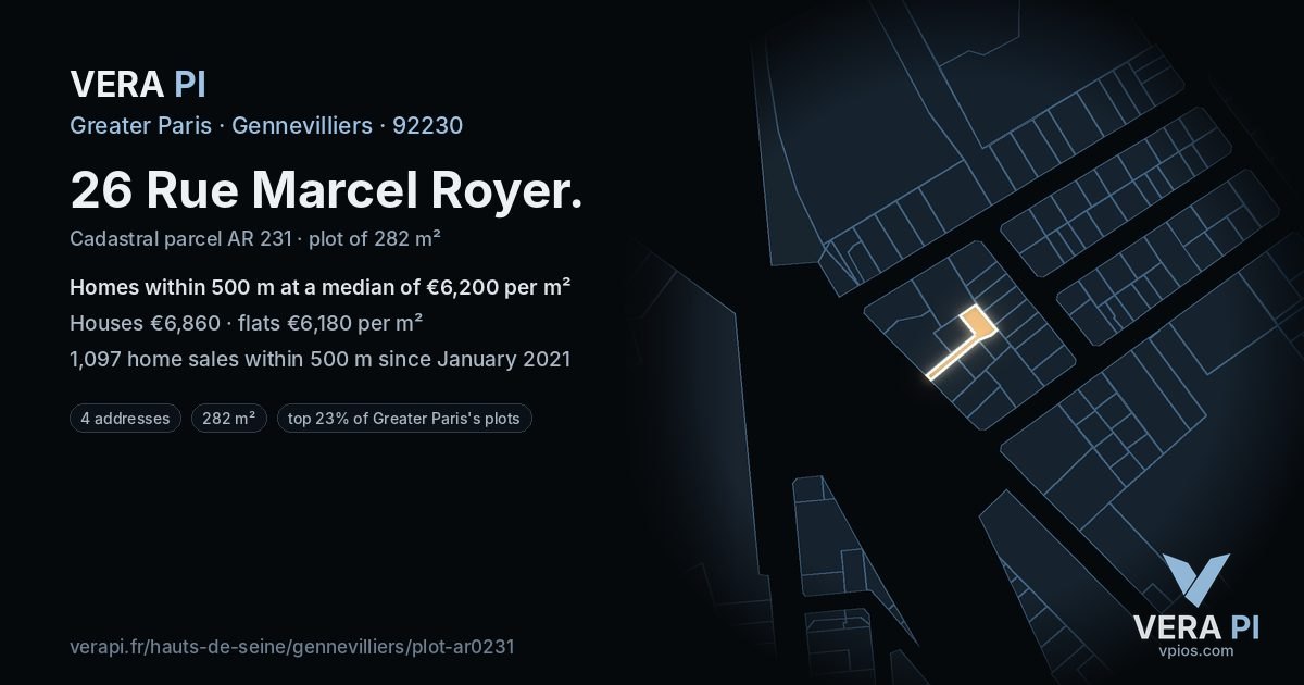 26 Rue Marcel Royer, Gennevilliers at night – the plot lit, the parcels around coloured by the prices near them