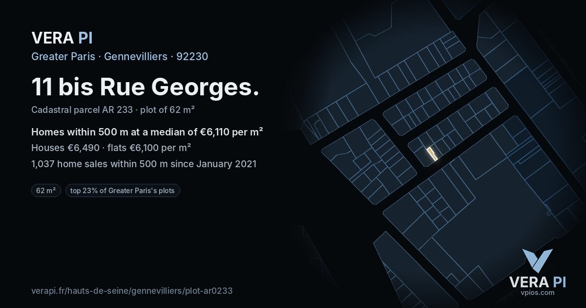 11 bis Rue Georges, Gennevilliers at night – the plot lit, the parcels around coloured by the prices near them