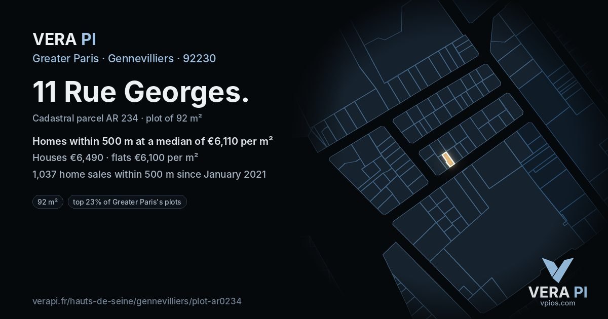 11 Rue Georges, Gennevilliers at night – the plot lit, the parcels around coloured by the prices near them