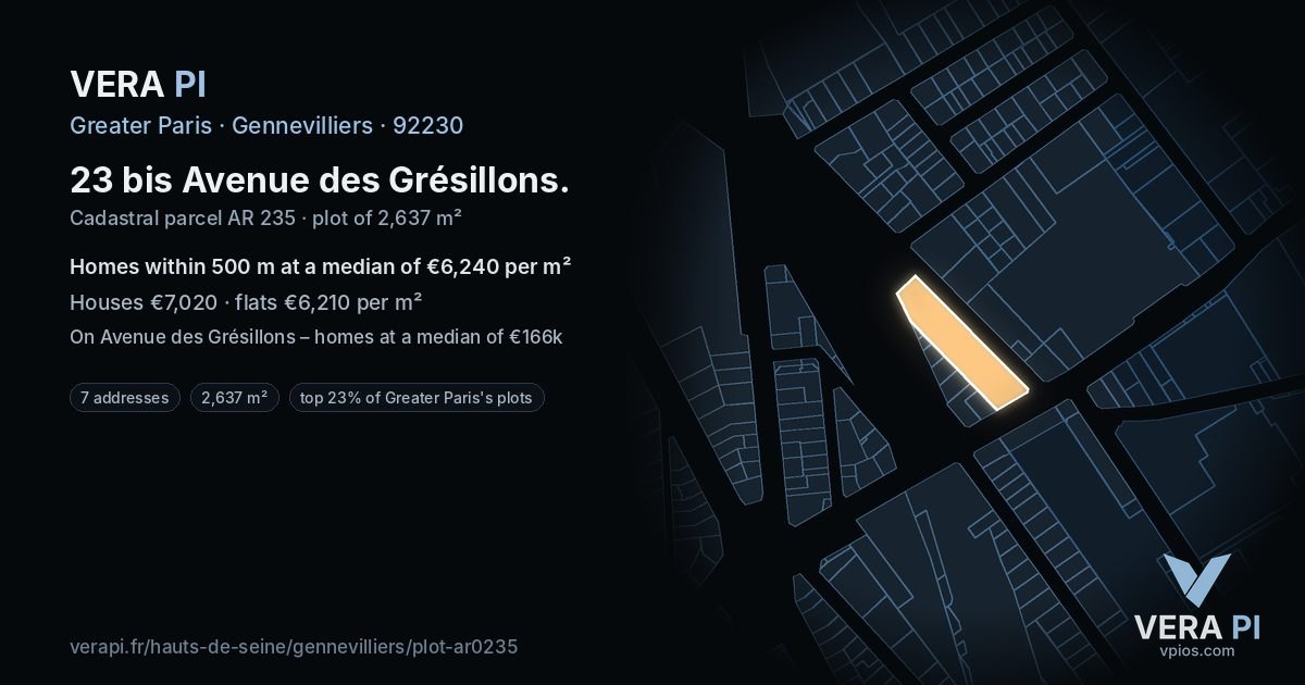 23 bis Avenue des Grésillons, Gennevilliers at night – the plot lit, the parcels around coloured by the prices near them