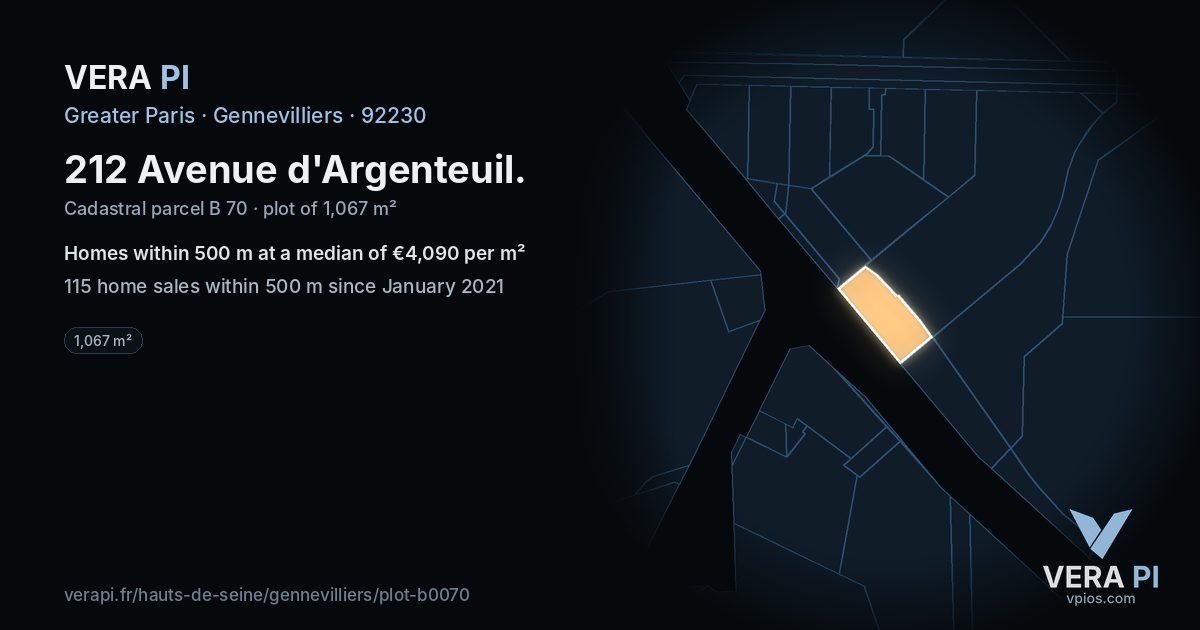 212 Avenue d'Argenteuil, Gennevilliers at night – the plot lit, the parcels around coloured by the prices near them
