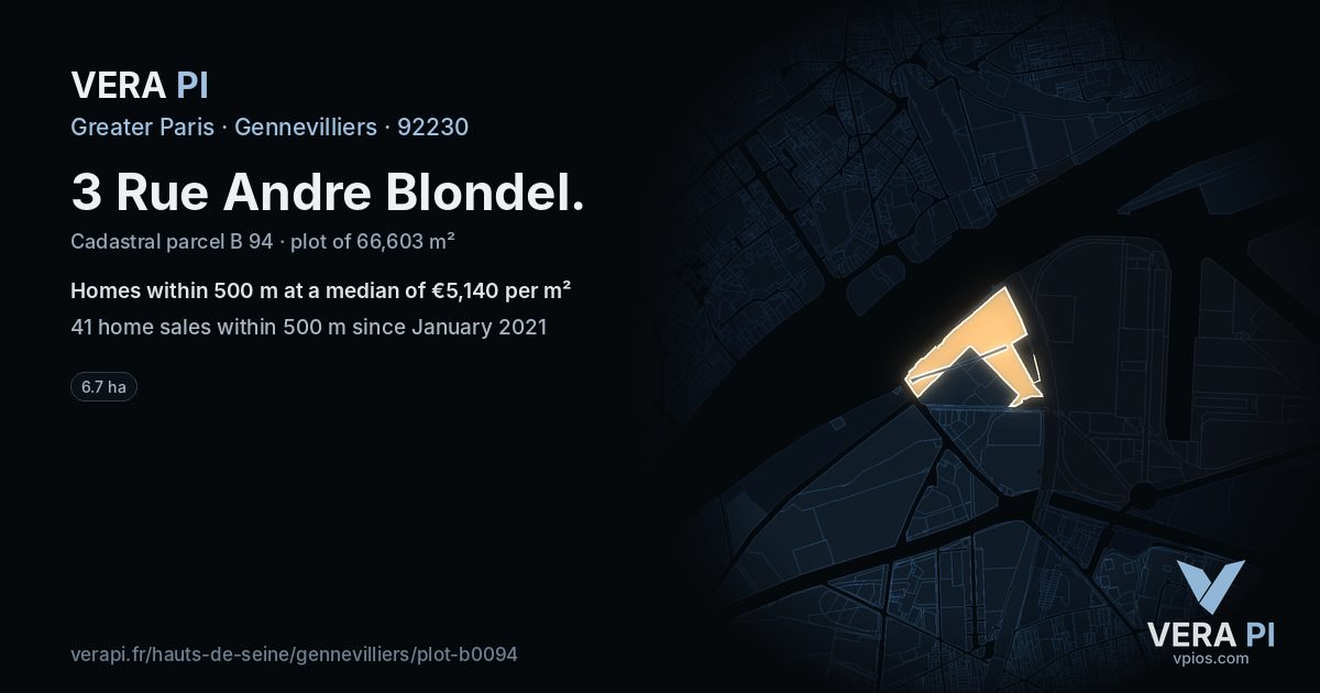 3 Rue Andre Blondel, Gennevilliers at night – the plot lit, the parcels around coloured by the prices near them