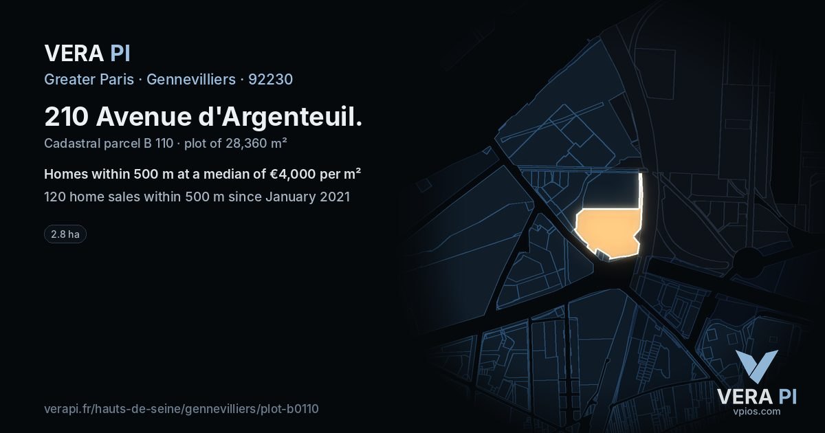 210 Avenue d'Argenteuil, Gennevilliers at night – the plot lit, the parcels around coloured by the prices near them