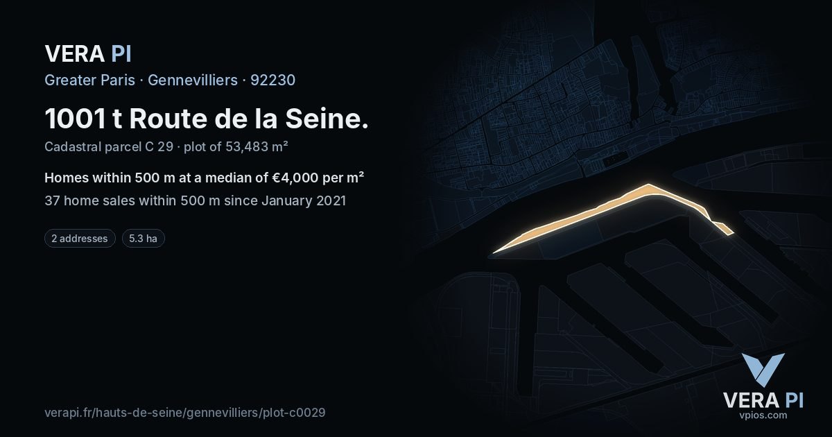 1001 t Route de la Seine, Gennevilliers at night – the plot lit, the parcels around coloured by the prices near them