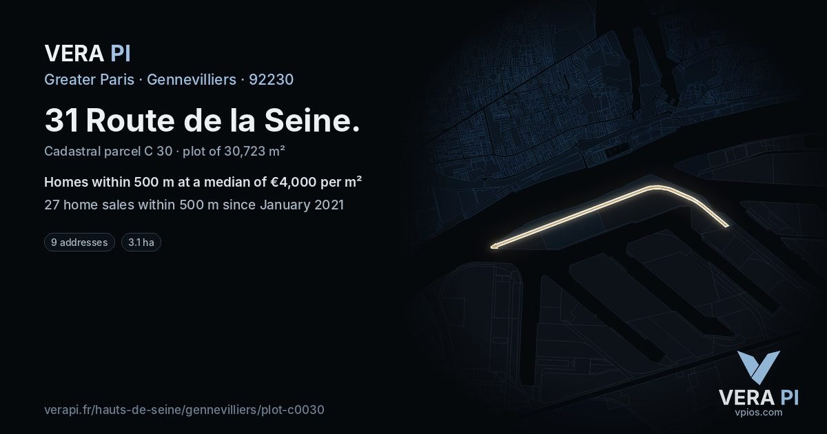 31 Route de la Seine, Gennevilliers at night – the plot lit, the parcels around coloured by the prices near them