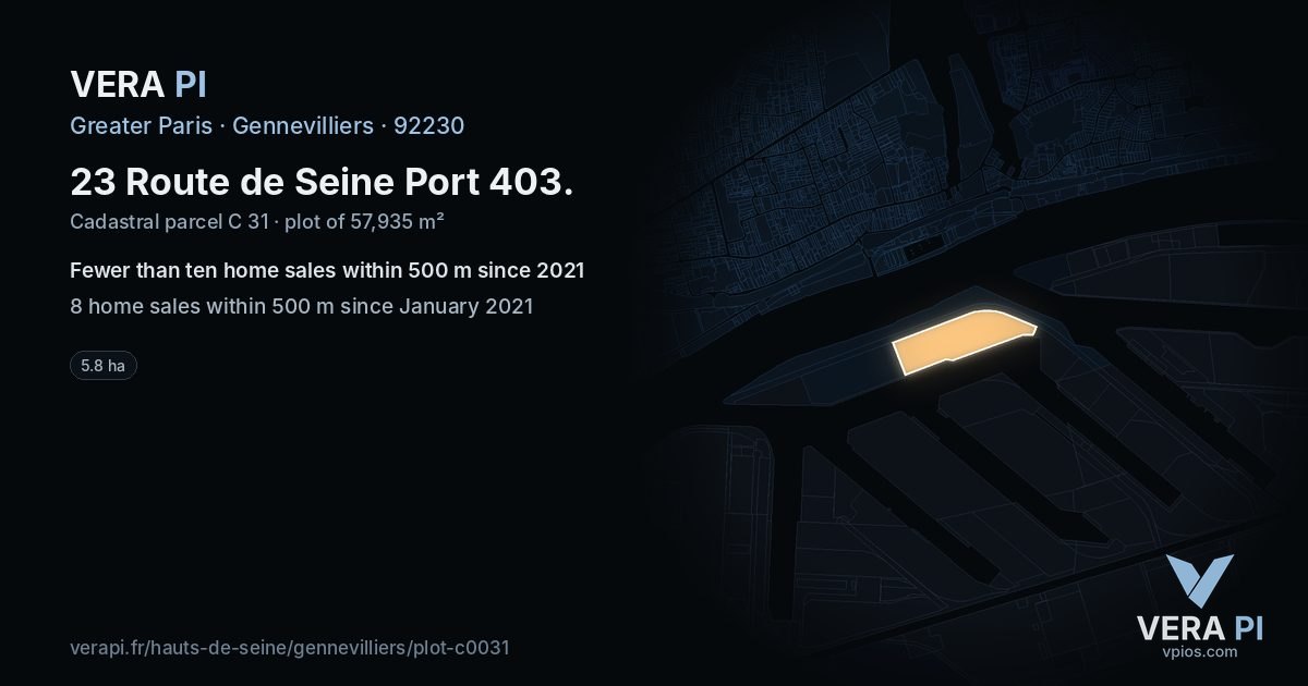 23 Route de Seine Port 403, Gennevilliers at night – the plot lit, the parcels around coloured by the prices near them