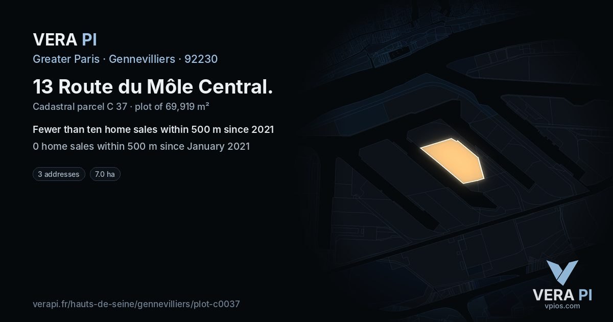 13 Route du Môle Central, Gennevilliers at night – the plot lit, the parcels around coloured by the prices near them
