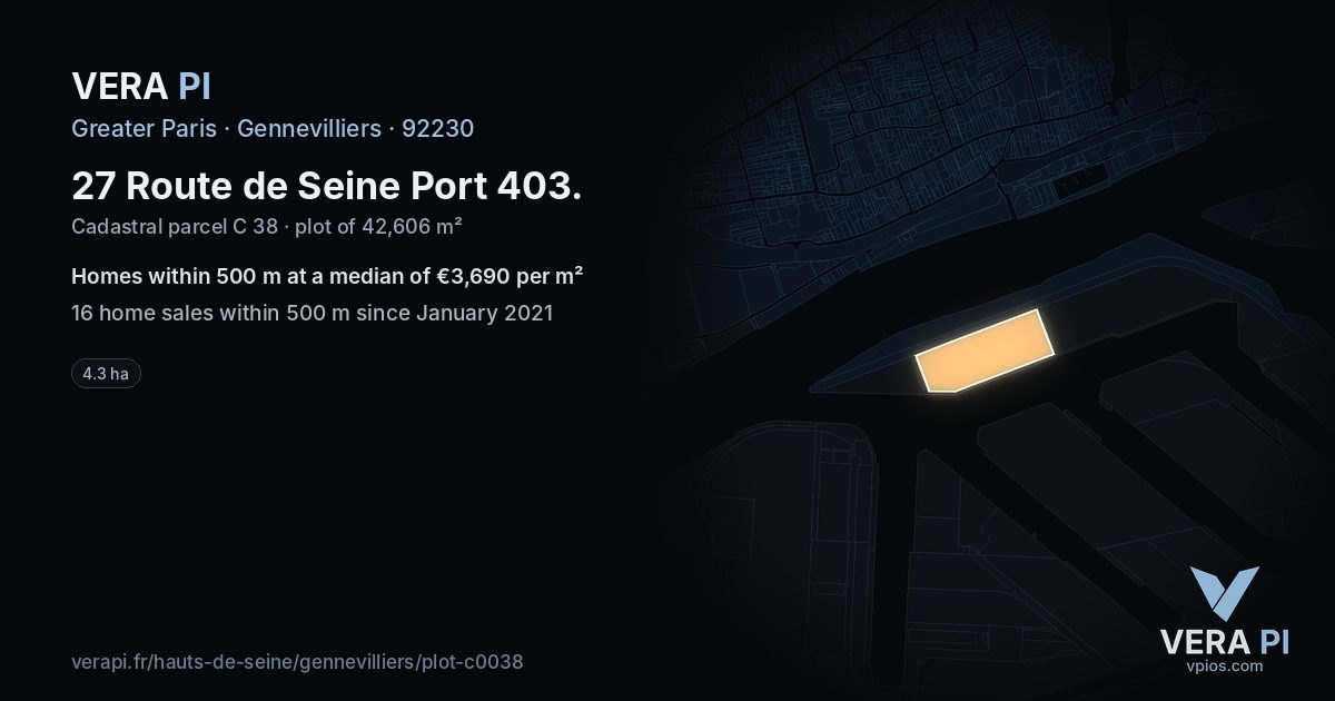 27 Route de Seine Port 403, Gennevilliers at night – the plot lit, the parcels around coloured by the prices near them