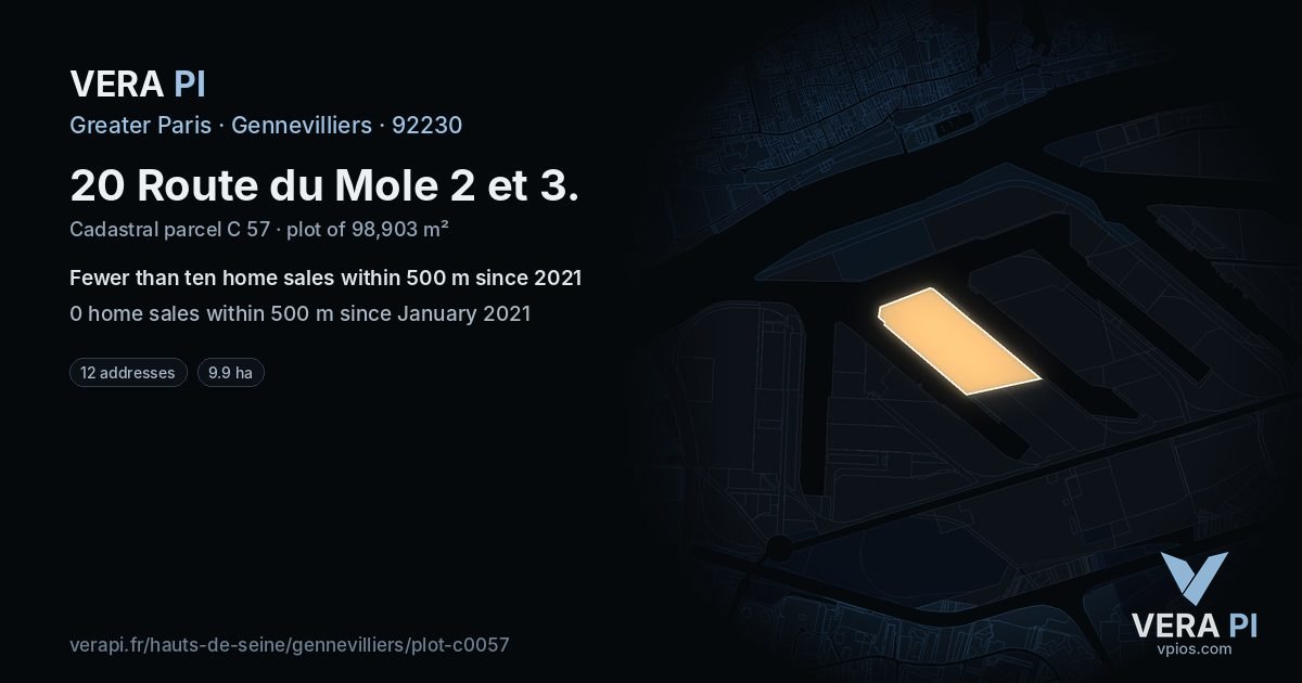 20 Route du Mole 2 et 3, Gennevilliers at night – the plot lit, the parcels around coloured by the prices near them