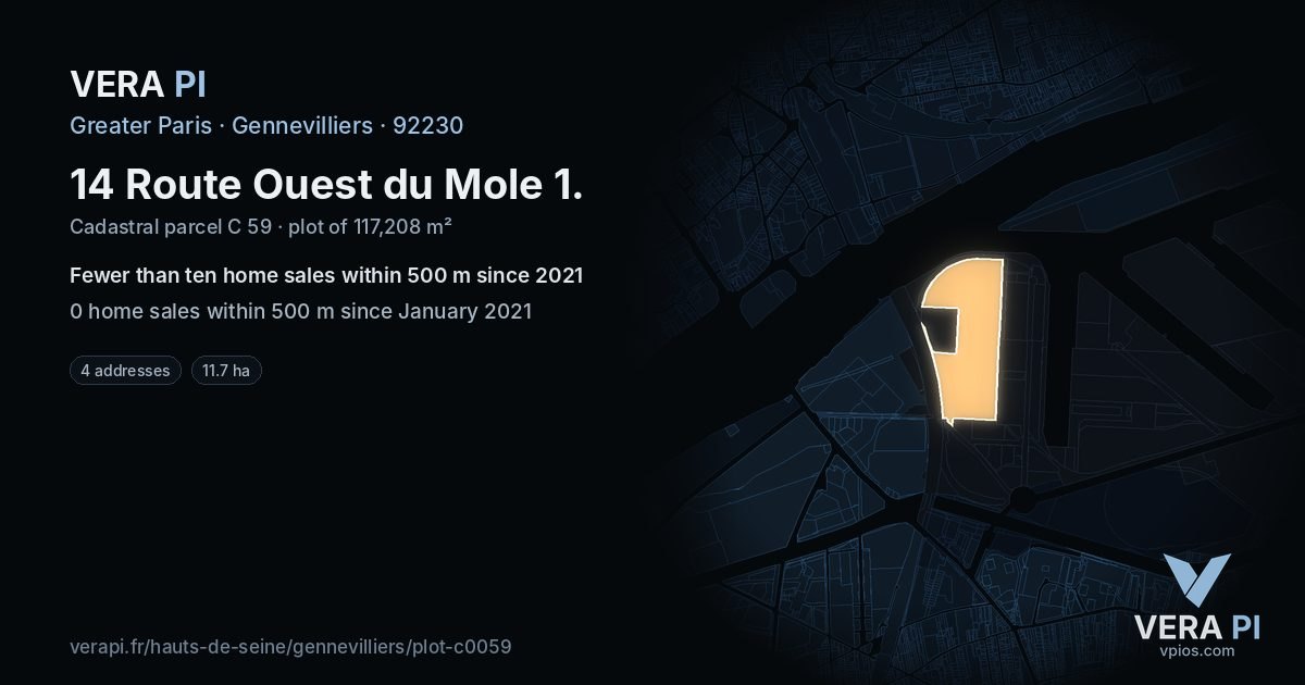 14 Route Ouest du Mole 1, Gennevilliers at night – the plot lit, the parcels around coloured by the prices near them