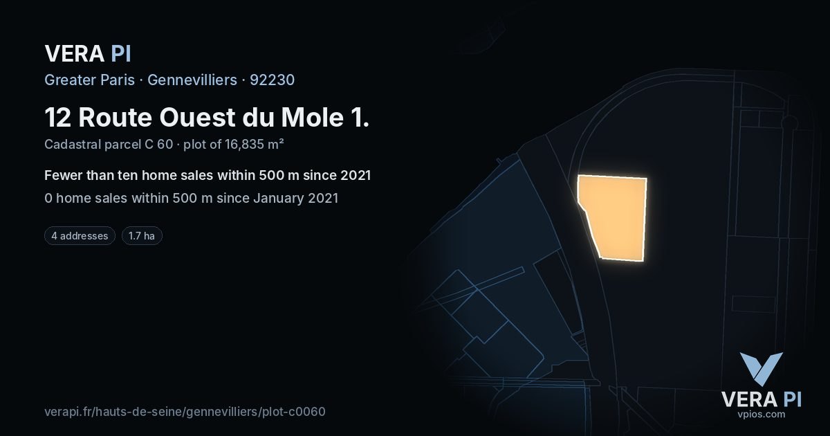 12 Route Ouest du Mole 1, Gennevilliers at night – the plot lit, the parcels around coloured by the prices near them