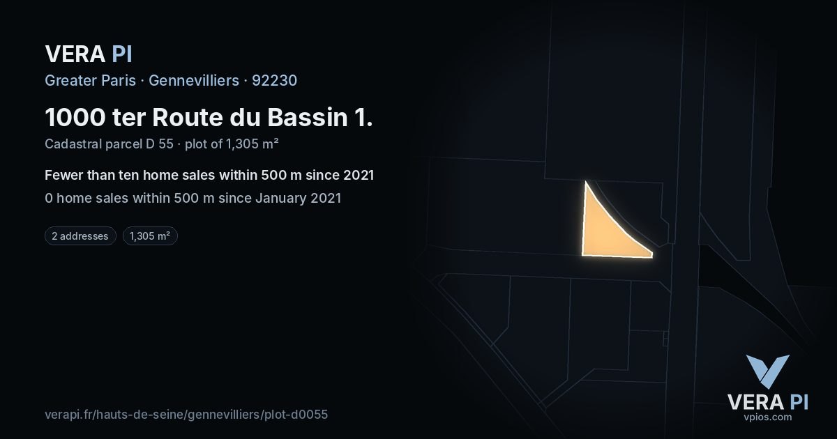 1000 ter Route du Bassin 1, Gennevilliers at night – the plot lit, the parcels around coloured by the prices near them