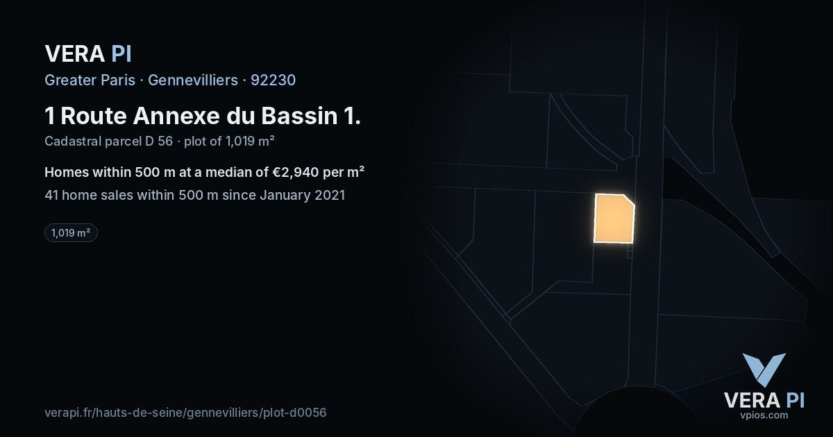 1 Route Annexe du Bassin 1, Gennevilliers at night – the plot lit, the parcels around coloured by the prices near them