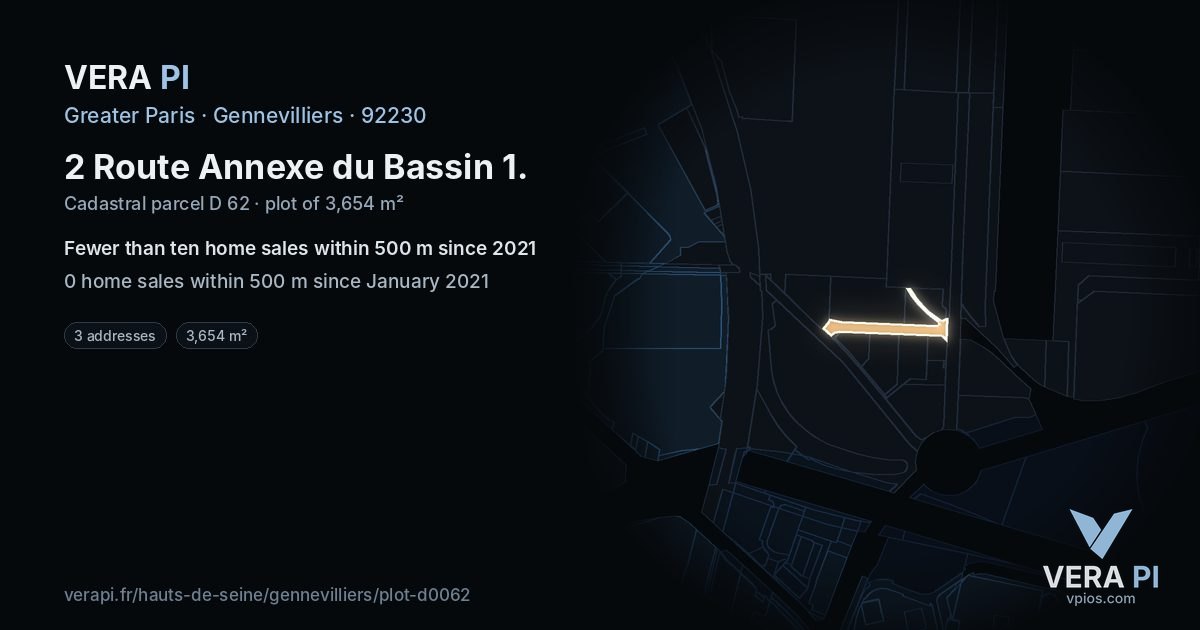 2 Route Annexe du Bassin 1, Gennevilliers at night – the plot lit, the parcels around coloured by the prices near them
