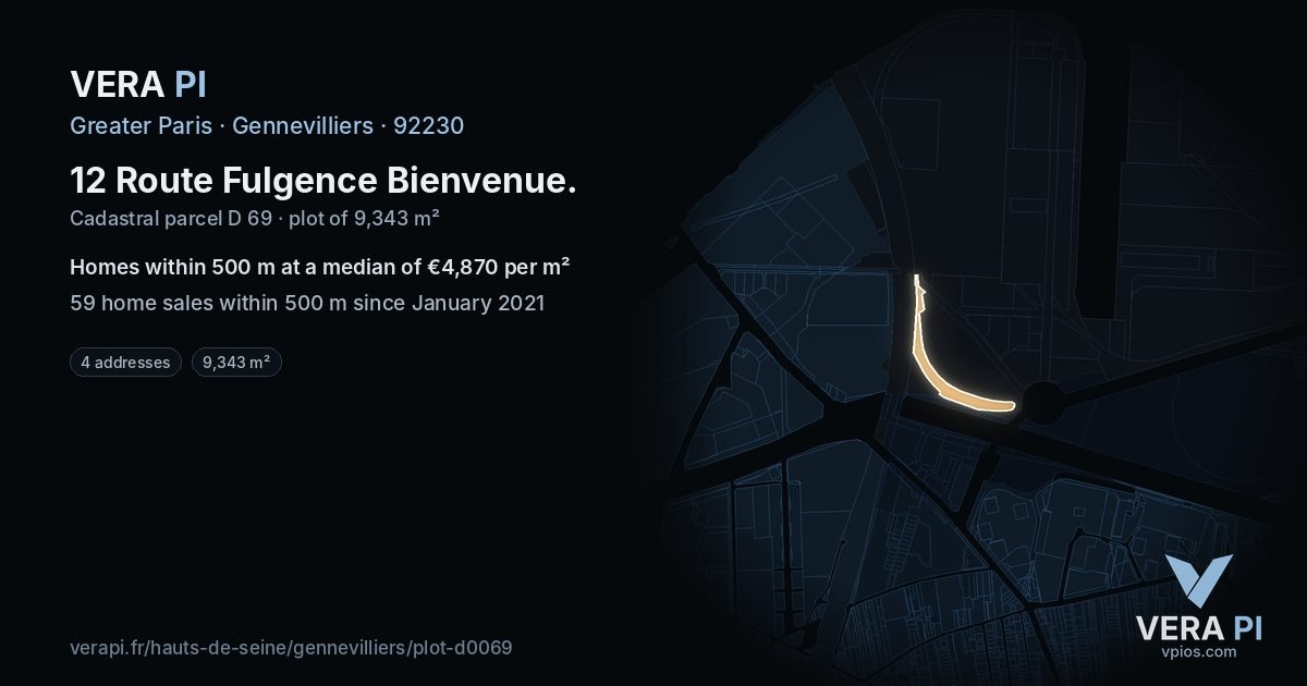12 Route Fulgence Bienvenue, Gennevilliers at night – the plot lit, the parcels around coloured by the prices near them